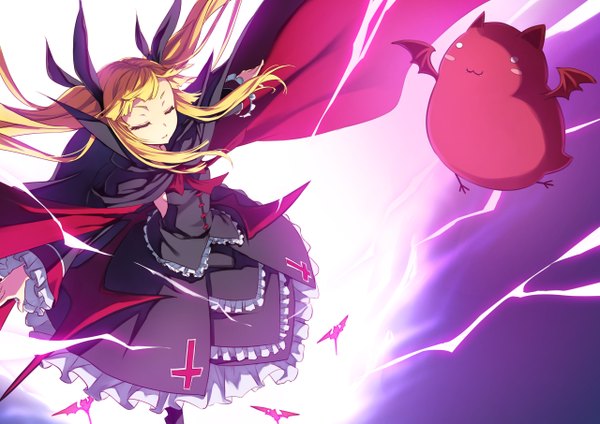 Anime picture 1280x905 with blazblue rachel alucard gii shingo (missing link) long hair blonde hair twintails spread arms lolita fashion :3 goth-loli girl dress ribbon (ribbons) hair ribbon frills cape