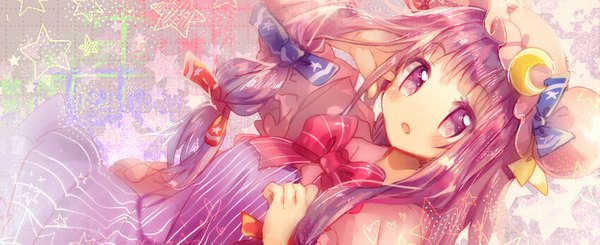 Anime picture 850x348 with touhou patchouli knowledge namie-kun single long hair blush fringe open mouth wide image purple eyes looking away purple hair girl bow hair bow star (symbol) bonnet