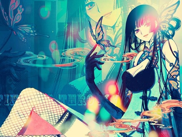 Anime picture 1024x768 with xxxholic clamp ichihara yuuko single long hair looking at viewer breasts black hair simple background red eyes large breasts white background lipstick third-party edit zoom layer butterfly on hand girl thighhighs gloves elbow gloves