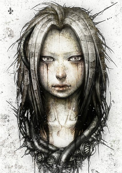 Anime picture 724x1024 with original shichigoro single long hair tall image looking at viewer simple background lips grey hair realistic grey eyes portrait post-apocalyptic cyberpunk girl