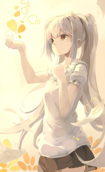 Anime picture 613x1000 with plastic memories isla (plastic memories) huanxiang huifeng single long hair tall image fringe simple background twintails brown eyes payot looking away ahoge arm up light smile grey hair from below short sleeves puffy sleeves girl