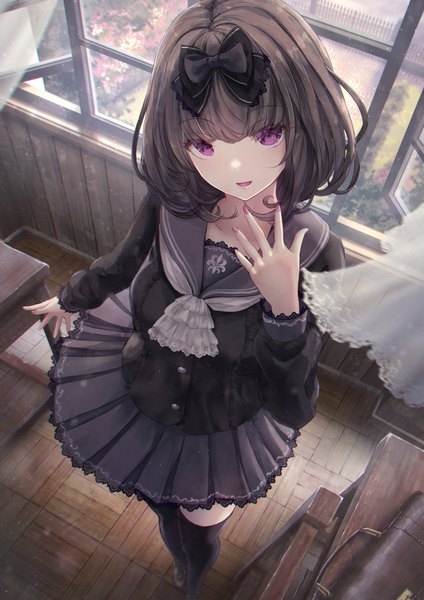 Anime picture 1302x1842 with original missle228 single tall image looking at viewer blush fringe short hair open mouth black hair standing purple eyes full body indoors blunt bangs long sleeves nail polish :d pleated skirt from above