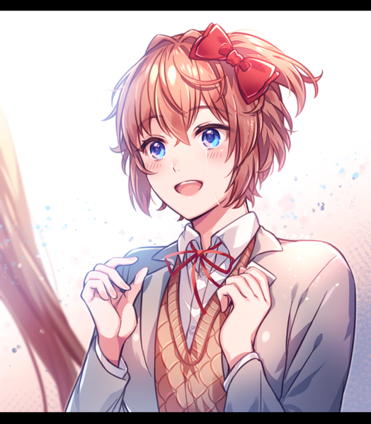Anime-Bild 786x900 mit doki doki literature club sayori (doki doki literature club) aicedrop single tall image blush fringe short hair open mouth blue eyes simple background smile hair between eyes brown hair looking away upper body long sleeves :d blurry open clothes