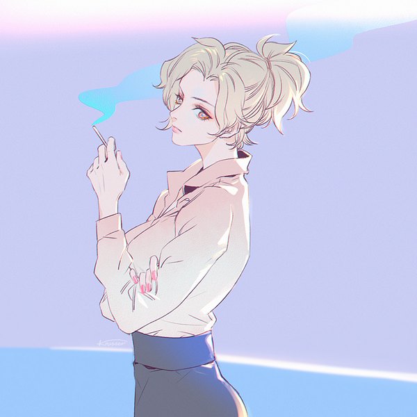 Anime picture 800x800 with overwatch blizzard entertainment mercy (overwatch) krusier single looking at viewer short hair blonde hair brown eyes signed ponytail head tilt fingernails alternate costume lipstick gradient background smoke long fingernails open collar pink lipstick