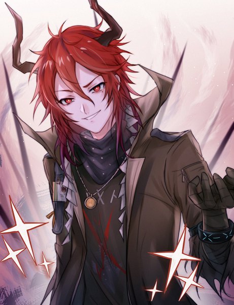 Anime picture 1000x1300 with arknights sesa (arknights) haku wi single long hair tall image fringe smile hair between eyes red eyes upper body red hair horn (horns) mole sparkle mole under eye boy pendant infection monitor (arknights)