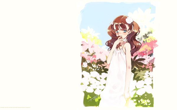 Anime picture 1920x1200 with rondo leaflet littlewitch robinetta ashley oyari ashito single long hair looking at viewer fringe highres blue eyes brown hair wide image standing twintails outdoors wallpaper covered mouth girl dress flower (flowers)