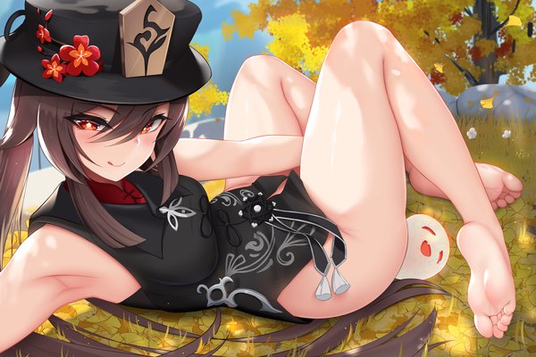Anime picture 6000x4000 with genshin impact hu tao (genshin impact) nekoda (maoda) single long hair looking at viewer blush fringe highres breasts light erotic smile hair between eyes red eyes brown hair large breasts twintails absurdres bent knee (knees) outdoors