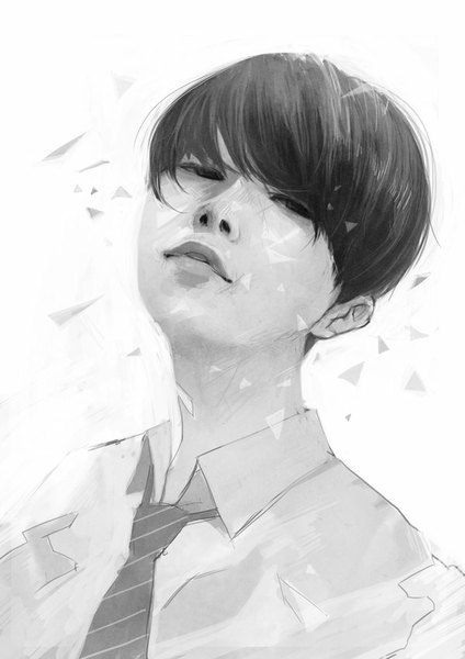 Anime picture 600x849 with original wataboku single tall image looking at viewer fringe short hair lips realistic monochrome bob cut boy shirt necktie