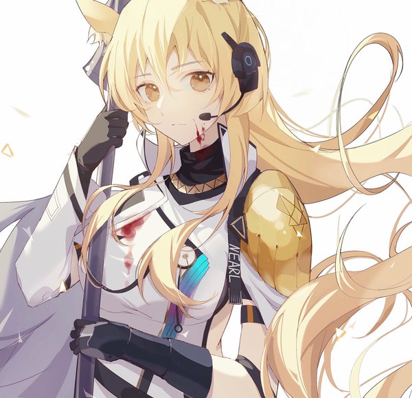 Anime-Bild 2000x1931 mit arknights nearl (arknights) nearl the radiant knight (arknights) yiyizi single long hair looking at viewer highres simple background blonde hair white background yellow eyes upper body character names official alternate costume blood on face bloody clothes girl headphones blood