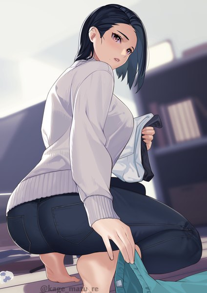 Anime picture 1736x2456 with original kagematsuri single tall image highres short hair breasts light erotic black hair holding brown eyes signed looking away ass indoors long sleeves parted lips barefoot mole depth of field