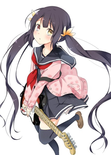 Anime picture 606x850 with original mirai (macharge) single long hair tall image looking at viewer fringe black hair simple background red eyes standing white background twintails yellow eyes bent knee (knees) from above heterochromia girl thighhighs uniform