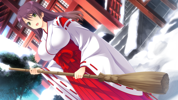 Anime picture 1920x1080 with baka moe heart ni ai wo komete! single long hair looking at viewer highres open mouth wide image green eyes game cg purple hair traditional clothes miko girl broom