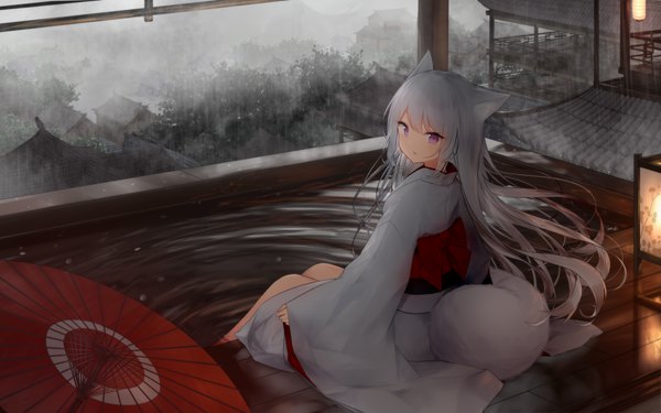 Anime picture 3200x2000 with original guo582 single long hair looking at viewer fringe highres open mouth sitting purple eyes animal ears payot silver hair full body tail blunt bangs long sleeves traditional clothes japanese clothes animal tail