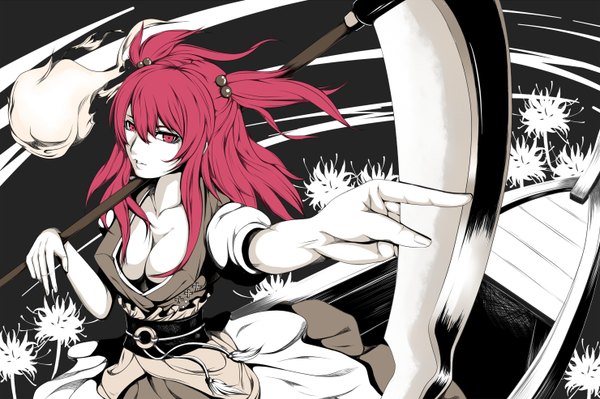 Anime picture 1480x986 with touhou onozuka komachi nue0192 single long hair looking at viewer open mouth light erotic red eyes red hair two side up monochrome ghost spot color girl flower (flowers) weapon scythe watercraft boat
