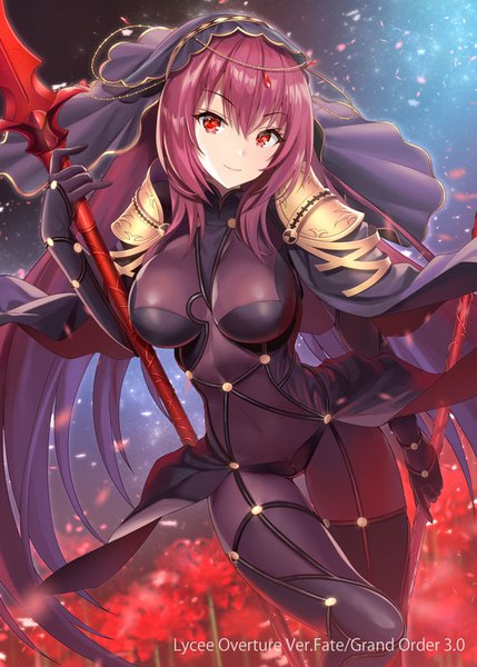 Anime picture 572x800 with fate (series) fate/grand order scathach (fate) (all) scathach (fate) kagachi saku single long hair tall image looking at viewer fringe breasts light erotic smile hair between eyes red eyes large breasts standing holding payot purple hair