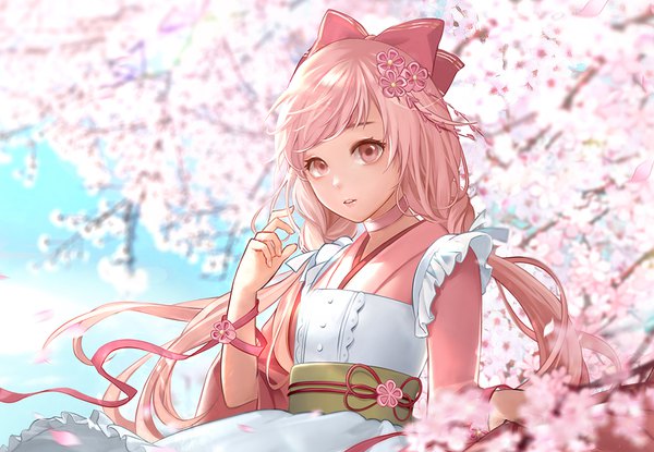 Anime picture 1000x693 with gourmet kizuna sakura mochi (gourmet kizuna) antweiyi single long hair looking at viewer fringe twintails pink hair sky upper body outdoors traditional clothes parted lips japanese clothes pink eyes wind cherry blossoms low twintails wa maid
