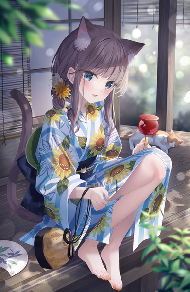 Anime picture 2110x3240 with original jimmy madomagi single long hair tall image looking at viewer blush fringe highres open mouth blue eyes brown hair sitting holding animal ears payot full body outdoors tail blunt bangs