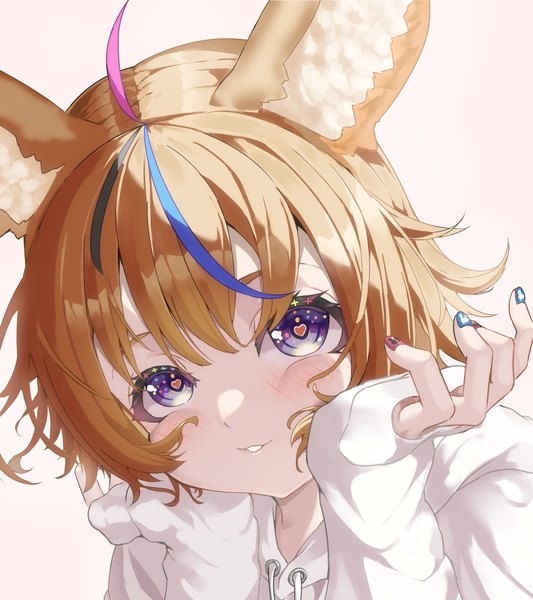 Anime picture 1174x1321 with virtual youtuber hololive omaru polka takotobuta single tall image looking at viewer short hair simple background blonde hair purple eyes animal ears upper body ahoge nail polish multicolored hair streaked hair symbol-shaped pupils heart-shaped pupils head rest