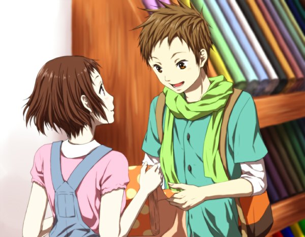 Anime picture 1000x778 with hyouka kyoto animation ibara mayaka fukube satoshi rito453 short hair open mouth brown hair brown eyes girl boy scarf