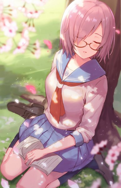 Anime picture 518x800 with fate (series) fate/grand order mash kyrielight haru (hiyori-kohal) single tall image blush short hair sitting pink hair bent knee (knees) pleated skirt from above cherry blossoms wariza spring girl skirt uniform plant (plants)