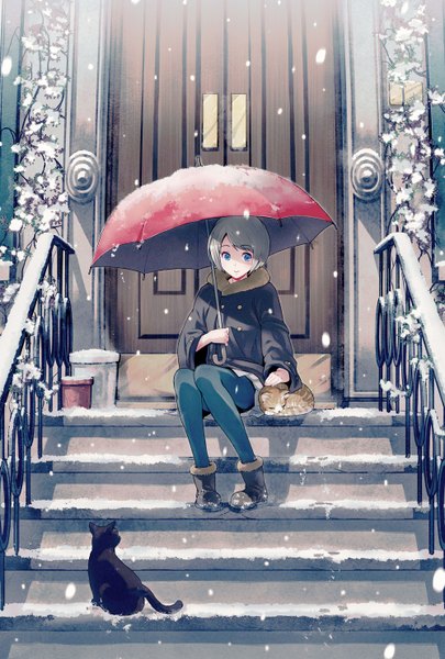 Anime picture 1000x1480 with original 40hara single tall image short hair blue eyes smile sitting grey hair snowing winter snow girl animal pantyhose jacket boots umbrella cat stairs