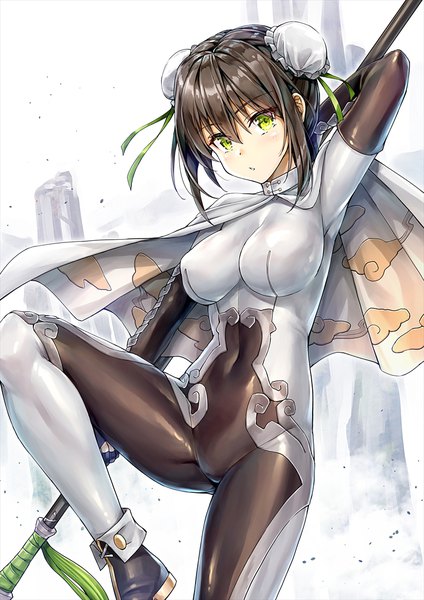 Anime picture 800x1131 with fate (series) fate/grand order qin liangyu (fate) kotatsu (kotatsu358) single tall image looking at viewer blush fringe short hair breasts light erotic black hair hair between eyes standing green eyes payot parted lips arm up hair bun (hair buns)