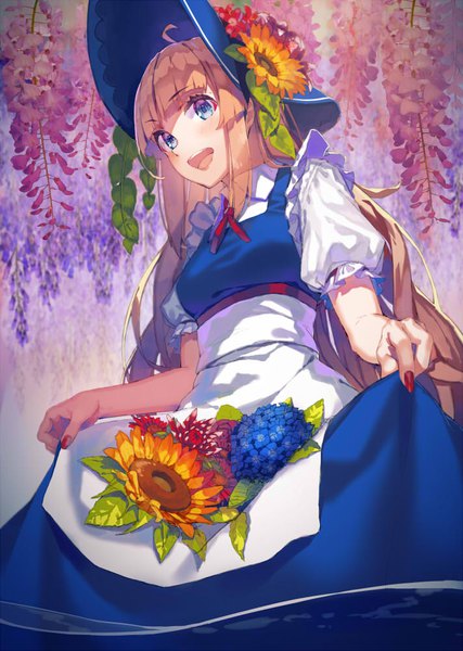 Anime picture 712x1000 with original yasumo (kuusouorbital) single long hair tall image blush fringe open mouth blue eyes blonde hair ahoge blunt bangs nail polish :d puffy sleeves looking down shaded face floral background girl dress