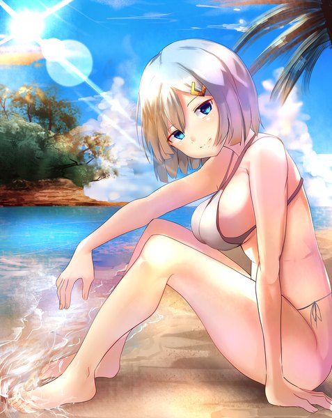 Anime picture 2000x2514 with kantai collection hamakaze destroyer hizagawa rau single tall image looking at viewer blush fringe highres short hair breasts blue eyes light erotic smile sitting bare shoulders sky silver hair cloud (clouds) full body