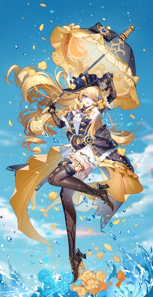 Anime picture 1545x3000 with genshin impact navia (genshin impact) sheya single long hair tall image looking at viewer fringe breasts open mouth blue eyes blonde hair smile bare shoulders sky cloud (clouds) full body bent knee (knees) outdoors blunt bangs