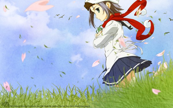 Anime picture 1920x1200 with da capo amakase minatsu single highres wide image sky profile pleated skirt girl uniform plant (plants) school uniform scarf grass