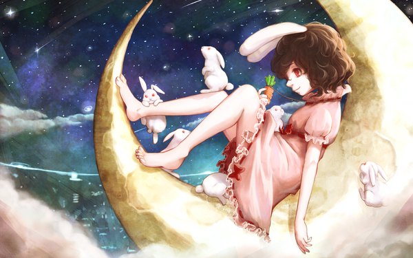 Anime picture 1920x1200 with touhou inaba tewi bankyuu (hoshibuchi) single highres smile red eyes brown hair sitting animal ears profile barefoot night short sleeves bunny ears puffy sleeves night sky crescent shooting star girl