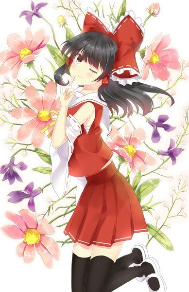 Anime picture 1500x2310 with touhou hakurei reimu shinta hoshi-to single long hair tall image looking at viewer black hair bare shoulders brown eyes pleated skirt one eye closed wink girl thighhighs flower (flowers) bow black thighhighs hair bow detached sleeves