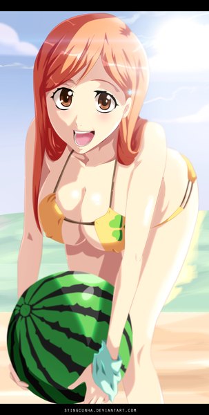 Anime picture 2000x3950 with bleach studio pierrot inoue orihime stingcunha single long hair tall image highres open mouth light erotic smile brown eyes sky cloud (clouds) sunlight orange hair coloring letterboxed girl swimsuit