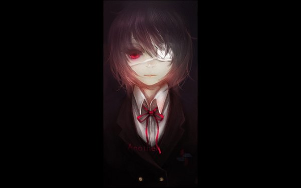 Anime picture 1280x800 with another p.a. works misaki mei single short hair black hair red eyes wide image inscription girl uniform school uniform eyepatch