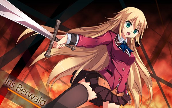 Anime picture 1680x1050 with riburanomind single long hair looking at viewer open mouth blue eyes blonde hair zettai ryouiki girl thighhighs skirt uniform weapon black thighhighs school uniform sword
