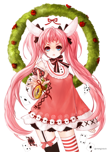 Anime picture 700x977 with alice in wonderland original white rabbit mangoduck single long hair tall image open mouth blue eyes simple background red eyes white background twintails signed animal ears pink hair bunny ears bunny girl multicolored eyes different thighhighs
