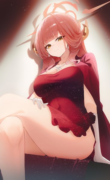 Anime-Bild 3432x5645 mit blue archive aru (blue archive) aru (dress) (blue archive) dongyu single long hair tall image looking at viewer fringe highres breasts light erotic large breasts sitting yellow eyes pink hair absurdres blunt bangs horn (horns) light smile