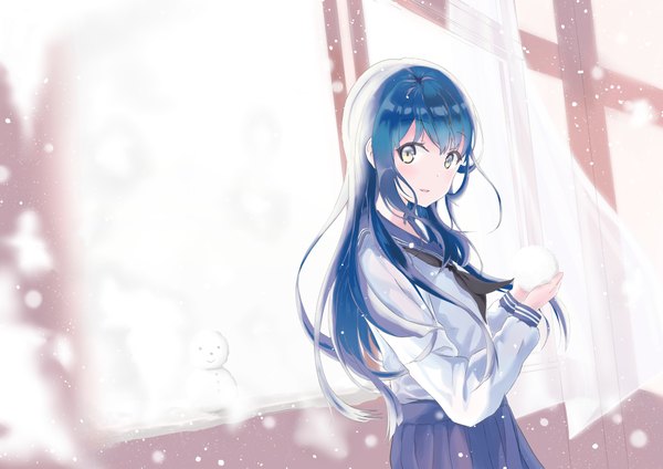 Anime picture 4093x2894 with original okaki wtvc3785 single long hair looking at viewer blush fringe highres open mouth standing holding yellow eyes payot blue hair absurdres indoors pleated skirt wind depth of field snowing
