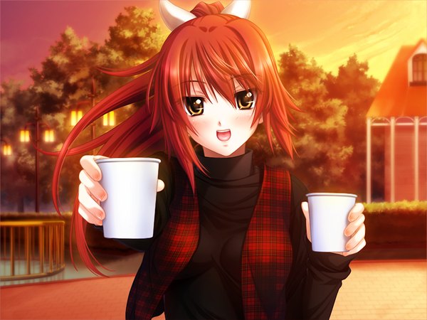 Anime picture 1200x900 with cthulhu - great hunting long hair yellow eyes game cg red hair girl cup