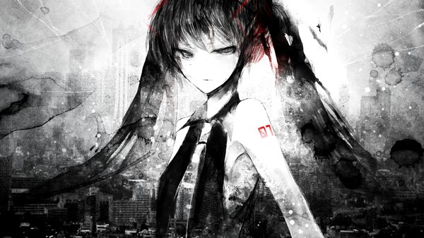 Anime picture 1920x1080 with vocaloid hatsune miku long hair highres black hair wide image twintails bare shoulders black eyes monochrome girl