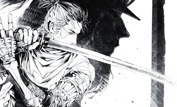 Anime picture 1069x651 with sekiro: shadows die twice from software sekiro isshin ashina megasus short hair wide image holding upper body multiple boys monochrome fighting stance silhouette boy weapon sword katana 2 boys prosthesis