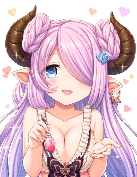 Anime picture 1344x1743 with granblue fantasy narmaya (granblue fantasy) narmaya (summer) (granblue fantasy) tomo (tmtm mf mf) single long hair tall image looking at viewer blush fringe breasts open mouth blue eyes light erotic large breasts white background pink hair upper body braid (braids) horn (horns)