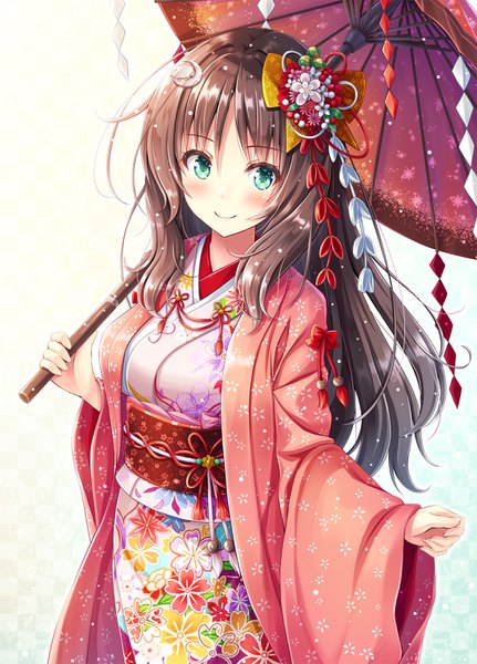 Anime picture 1100x1530 with original akashio (loli ace) single long hair tall image looking at viewer blush fringe simple background smile hair between eyes brown hair standing white background traditional clothes japanese clothes aqua eyes wide sleeves floral print new year