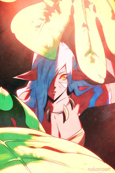 Anime picture 533x800 with original nakanoart long hair tall image looking at viewer fringe breasts light erotic signed blue hair parted lips pointy ears sunlight hair over one eye orange eyes facial mark elf leaf (leaves) necklace