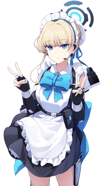 Anime picture 1122x1922 with blue archive toki (blue archive) ddangbi single tall image fringe short hair blue eyes simple background blonde hair standing white background blunt bangs maid hair bun (hair buns) victory expressionless girl gloves uniform