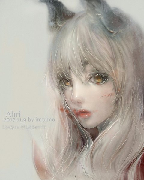 Anime picture 1296x1620 with league of legends ahri (league of legends) impimo single long hair tall image simple background blonde hair brown eyes signed animal ears looking away lips grey background character names lipstick fox ears dated face red lipstick