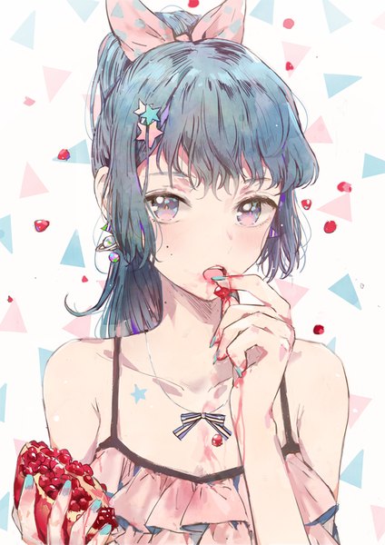 Anime picture 700x990 with original dangmill single long hair tall image fringe open mouth bare shoulders payot blue hair looking away upper body nail polish grey eyes eating hand to mouth aqua nail polish girl hair ornament bow
