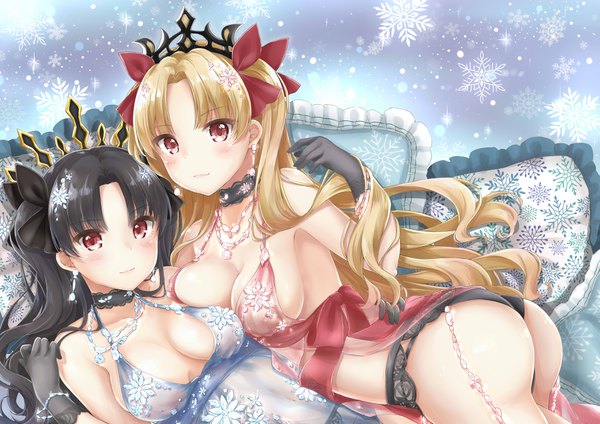 Anime picture 3541x2507 with fate (series) fate/grand order artoria pendragon (all) ishtar (fate) ereshkigal (fate) artoria pendragon (lancer alter) mikujin (mikuzin24) long hair looking at viewer blush fringe highres breasts light erotic black hair blonde hair smile red eyes large breasts bare shoulders