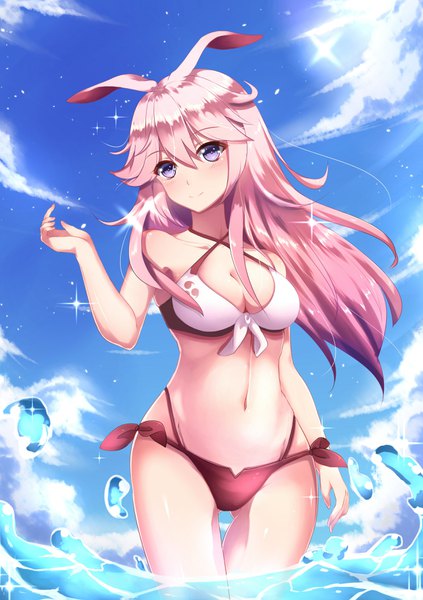 Anime picture 2479x3512 with benghuai xueyuan honkai (series) yae sakura chahei single long hair tall image looking at viewer blush fringe highres breasts light erotic smile hair between eyes standing purple eyes bare shoulders animal ears pink hair