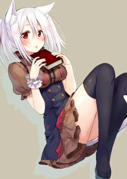 Anime picture 1000x1412 with original hijiri-ssh single long hair tall image looking at viewer blush breasts red eyes sitting twintails holding animal ears bent knee (knees) white hair tail parted lips animal tail cat ears cat girl